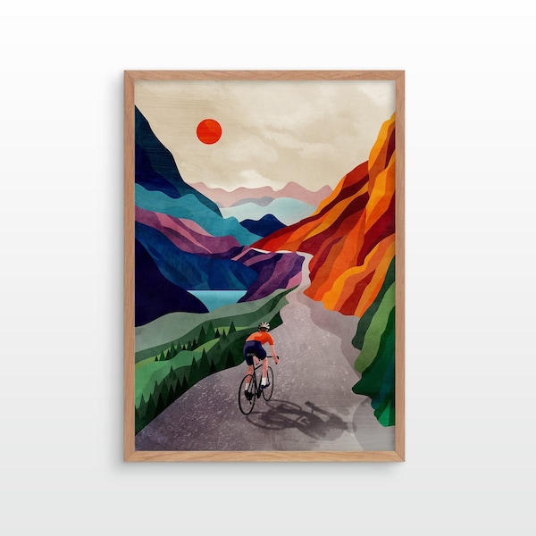 Cycling art print. Cycling high in the mountains.