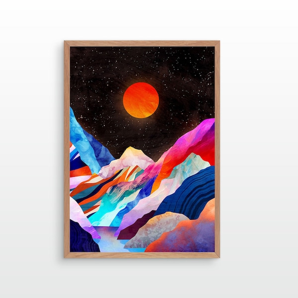 Moon over mountains. Mountain print. Ideal print for decorating your home or office.