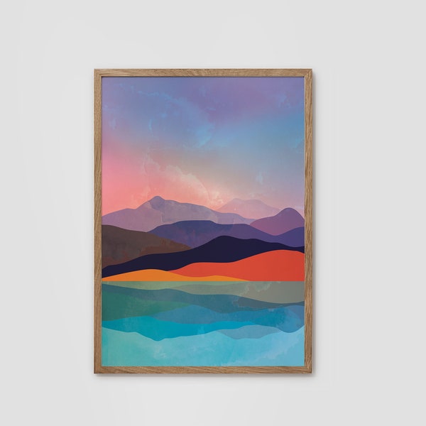 Mountains by the sea art print. Home decor for your home.