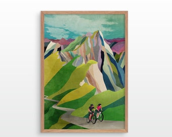 Cycling couple art print. Great gift for cyclist.