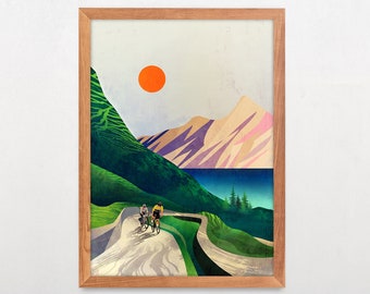 Cycling Couple art print. High above the lake.