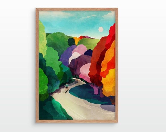 Cycling art print. Cycling in the forest.
