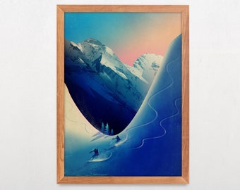 Ski touring couple art print. Skiers poster. Outdoor spirit couple art