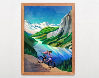 Mountain Bike Art Print: Woman Riding MTB, Landscape Illustration