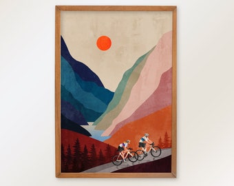 Cycling friends art print. Great gift for cyclist.