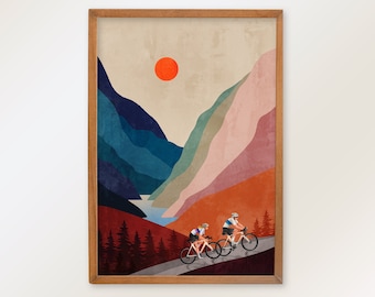 Cycling Art Print: Mountain Landscape, Cyclists Illustration