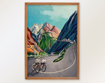 Cycling Couple Art Print: Mountain Road Illustration
