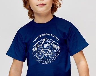 Kids T-shirt. I like to ride my bicycle. Screen printed with water based ink.