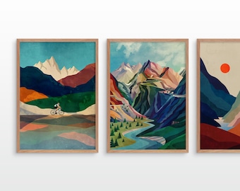 Set di stampe artistiche di ciclismo: decorazioni per la casa con paesaggi montani