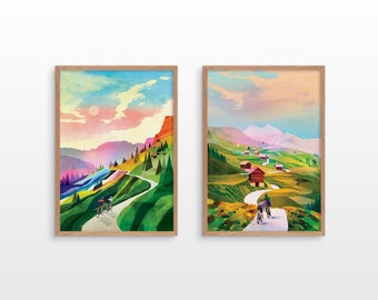 Set of two colorful cycling art prints.