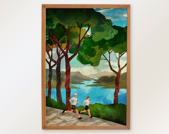 Runners art print. Trail running by the alpine lake. Feeling strong and free when running.
