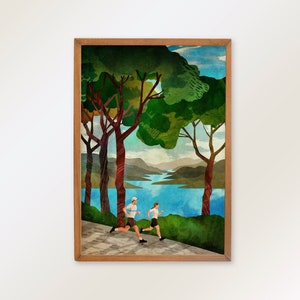 Stampa artistica di runner. Corsa su sentiero vicino al lago alpino. Sentirsi forti e liberi mentre si corre.