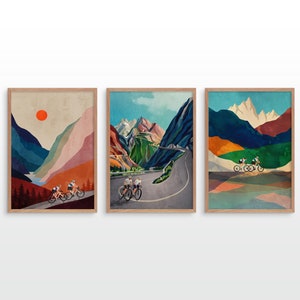 Coppia di ciclisti. Set di tre stampe artistiche di ciclisti.