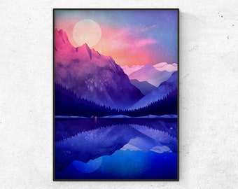 Landscape art print. Camping by the lake.