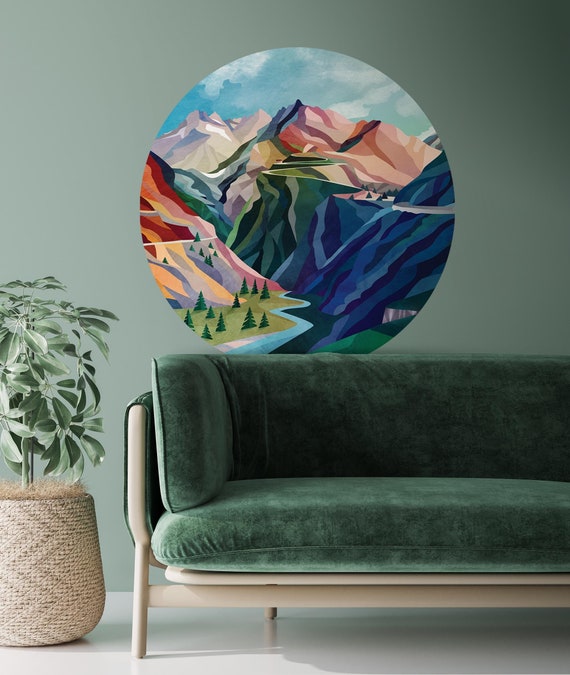 Mountain wall decal Passo. Self-adhesive, repositionable, and removable fabric. The mountain pass and the peaks that surround it.