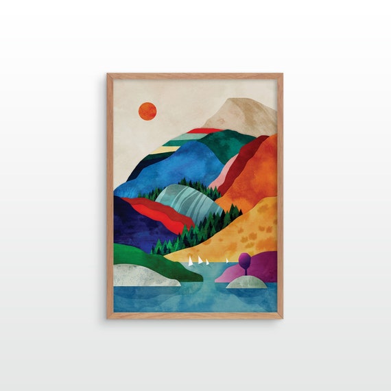 Mountain art print. Lake and mountains art print.