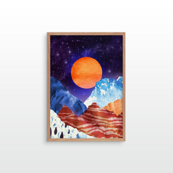 Orange moon. Mountain print. Ideal print for decorating your home or office.