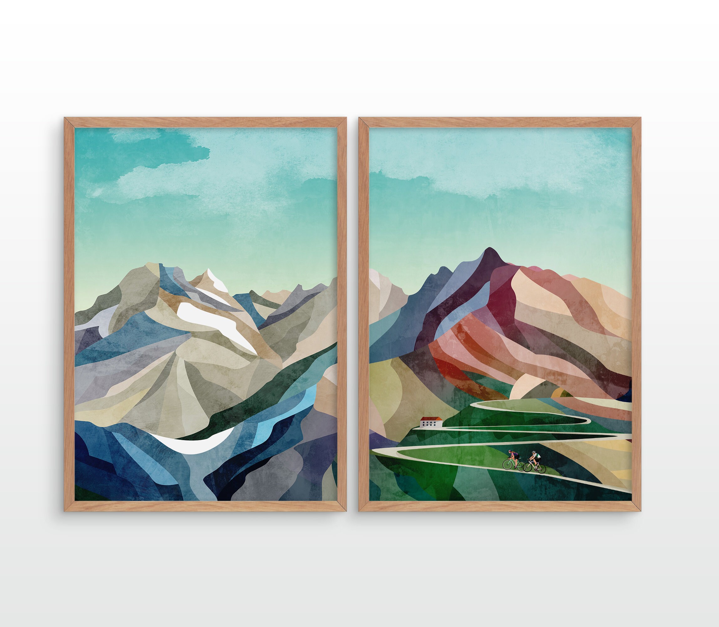 Set of two cycling art prints. High in the mountains.