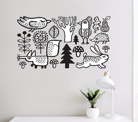 Forest animals. Self adhesive, repositionable and removable fabric.