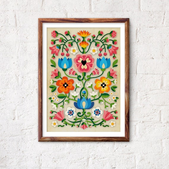 Mountain Flowers art print. Home decor with folk motiv.