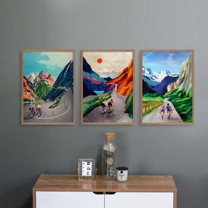 Cycling art print. Couple cycling. Set of three cycling art image 2