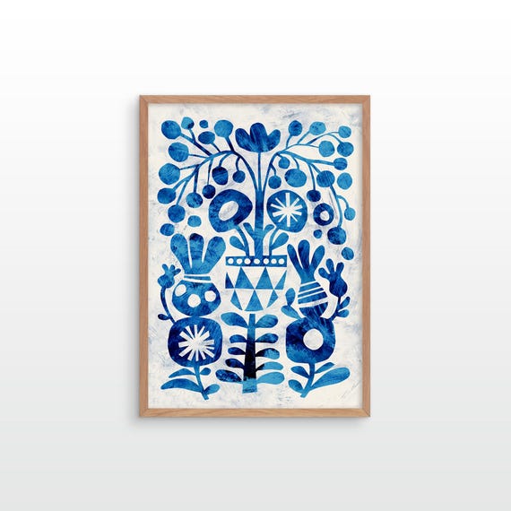 Blue ornament art print. Illustration print. Home decor with a flower motif.