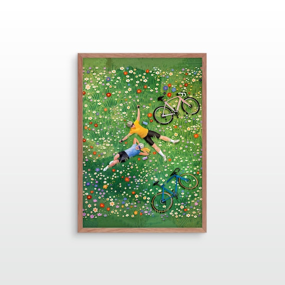 Cycling Couple Art Print: Gift for cyclists, Summer memory