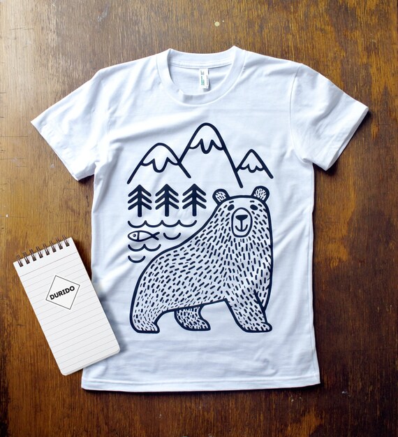 Woman's t-shirt. White organic t shirt with bear illustration, Mountains, camping t shirt, animal t shirt, outdoor. Perfect gift.