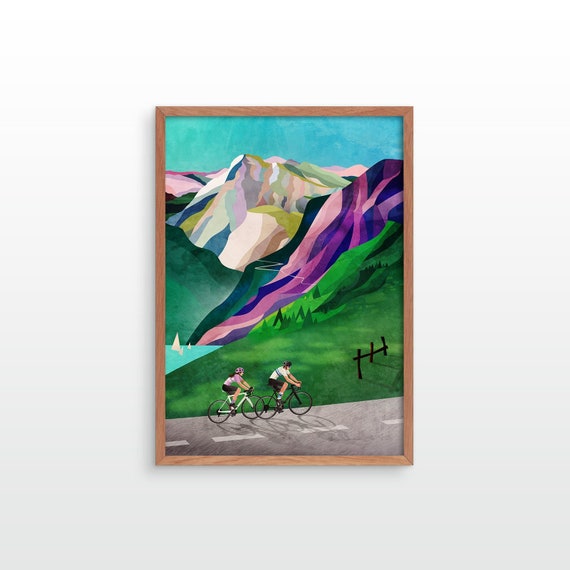 Cycling couple art print. Alpine ascent.