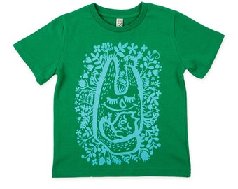 Kids T-shirt. Organic cotton.  Woodland creature. Screen printed with water based ink.