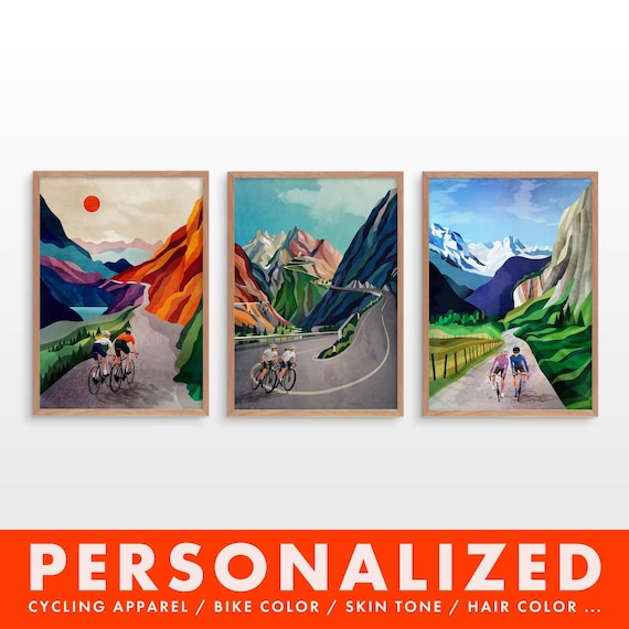 Cycling couple set of 3 fine art prints. Perfect gift for cycling couples.
