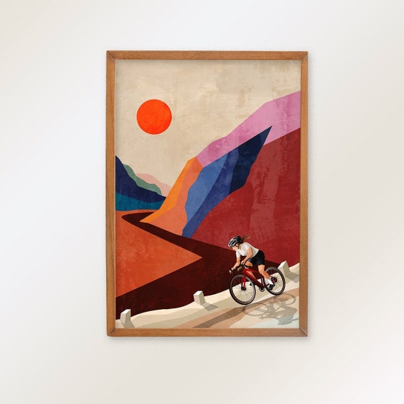 Cycling print. Woman cyclist descending. Great gift for cyclists.