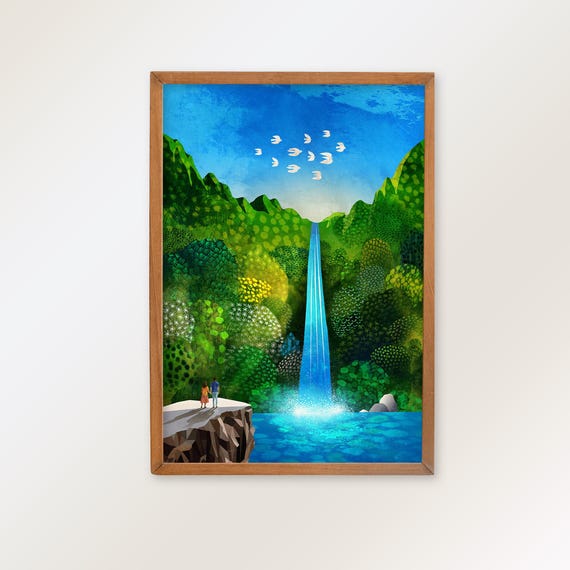 Landscape art print. Waterfall and green surroundings view.
