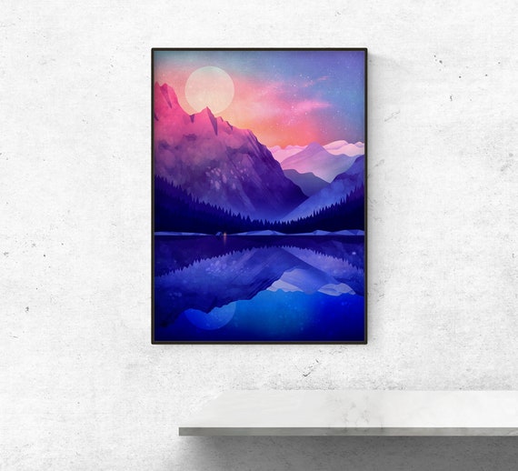 Landscape art print. Camping by the lake.