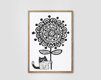Cat with flower illustration. Nursery print.