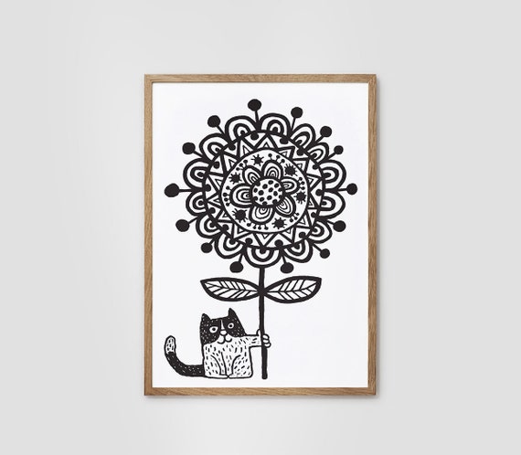 Cat with flower illustration. Nursery print.