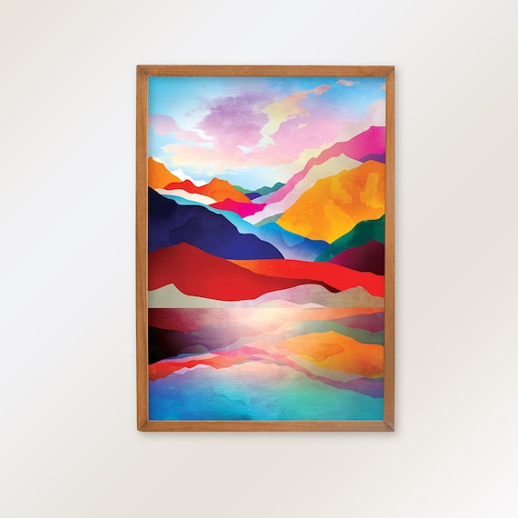Sunset Art Print: Colorful sunset above the mountain lake