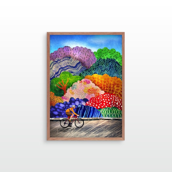 Cycling Art Print: Happy cyclist and a colorful forest, cyclist's gift