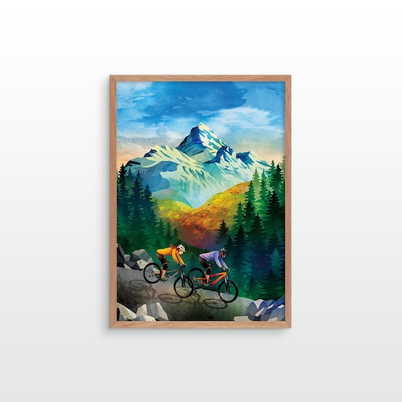 MTB couple fine art print. Descending in the mountains with high peaks around.