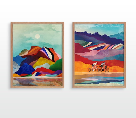 Set of two colorful landscape cycling art prints.