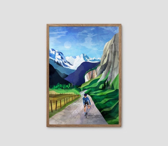 Cycling in Alpine Valley. Cycling art print.