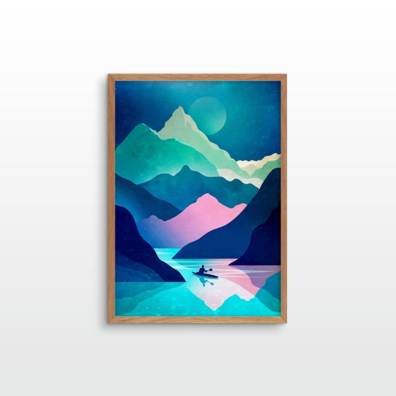 Kayaking art print. Kayak, lake and mountains. Perfect wall decoration for your home.