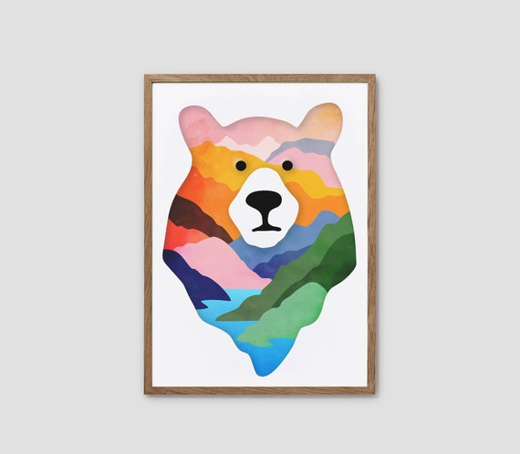 Bear art print. Illustration poster. Landscape art print.