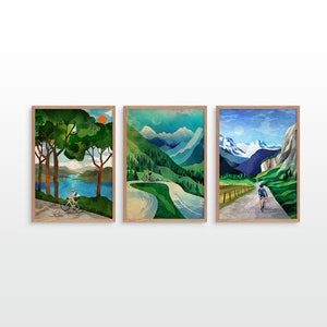 Set of three cycling art prints. Green landscapes.