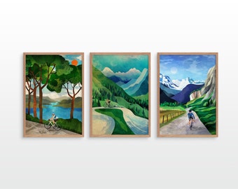 Set of three cycling art prints. Green landscapes.