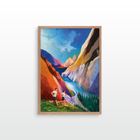 Runners fine art print. Trail running by the lake. Perfect decor for keen runners.