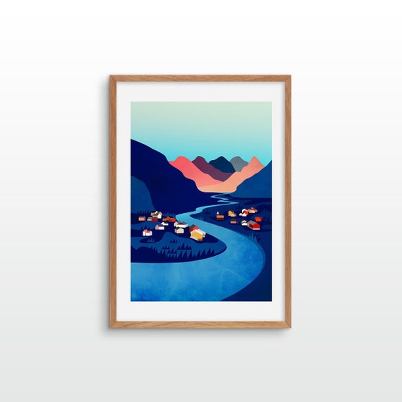 Landcape art print. Village by the river. Printed on archival paper. Available up to A2 size.