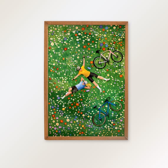 Cycling Couple Art Print: Gift for cyclists, Summer memory
