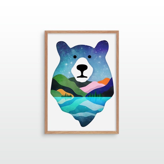 Bear art print. Illustration poster. Landscape art print.