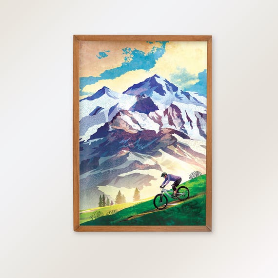 Mountain bike rider illustration fine art print. Poster for cyclist.